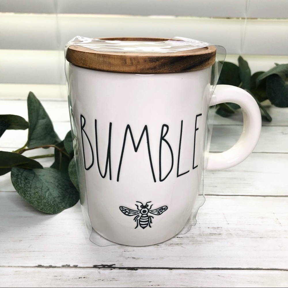 Rae Dunn BUMBLE Bee Ceramic Mug With Wooden Lid